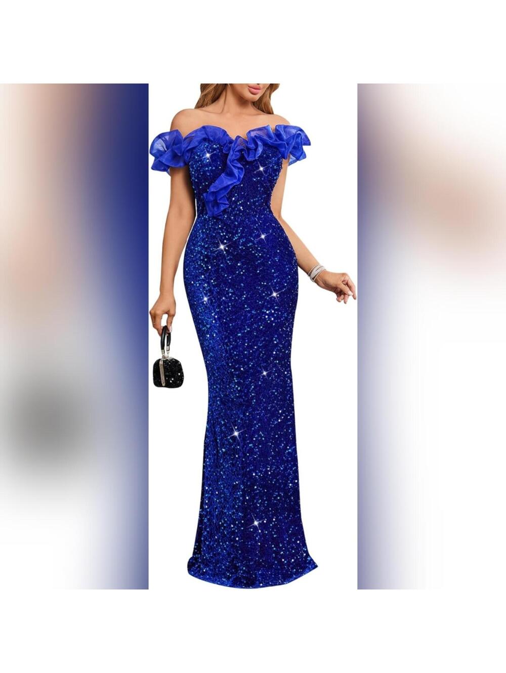 NWOT Cololura Off Shoulder Ruffles Sparkly Sequin Soft Mermaid Evening Dress, M
